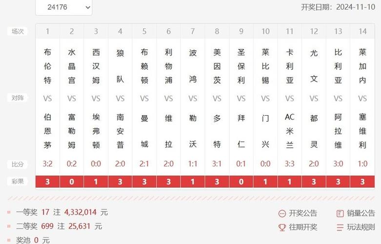 十四场胜平负对阵表，竞彩足球结果开奖查询